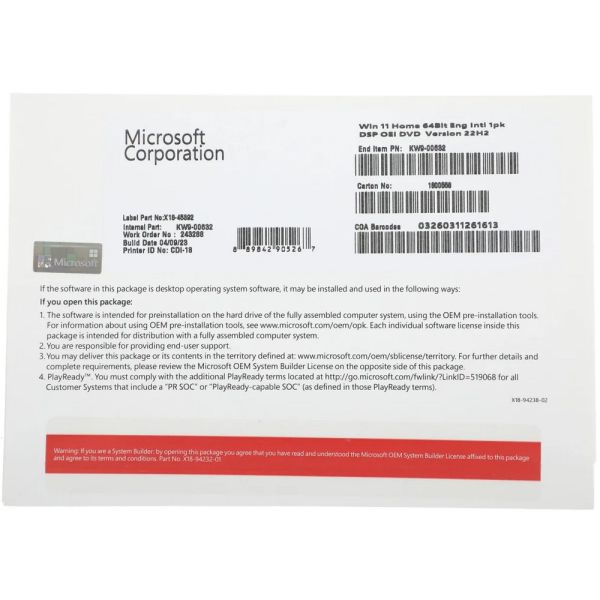 Операционная система Microsoft Windows 11 Домашняя, 64 bit, Eng, DVD, OEM [kw9-00632]